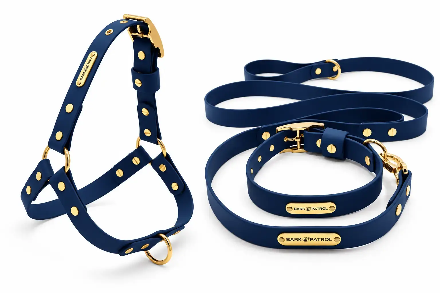 Navy blue Biothane leash, harness and collar set with gold hardware
