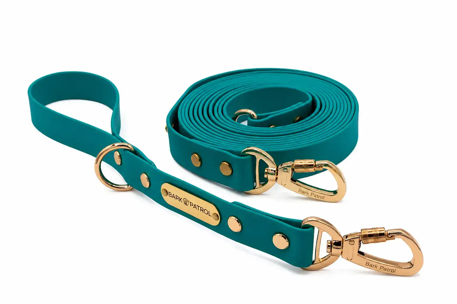 Teal 20-foot Biothane training leash with a matching training handle and gold hardware